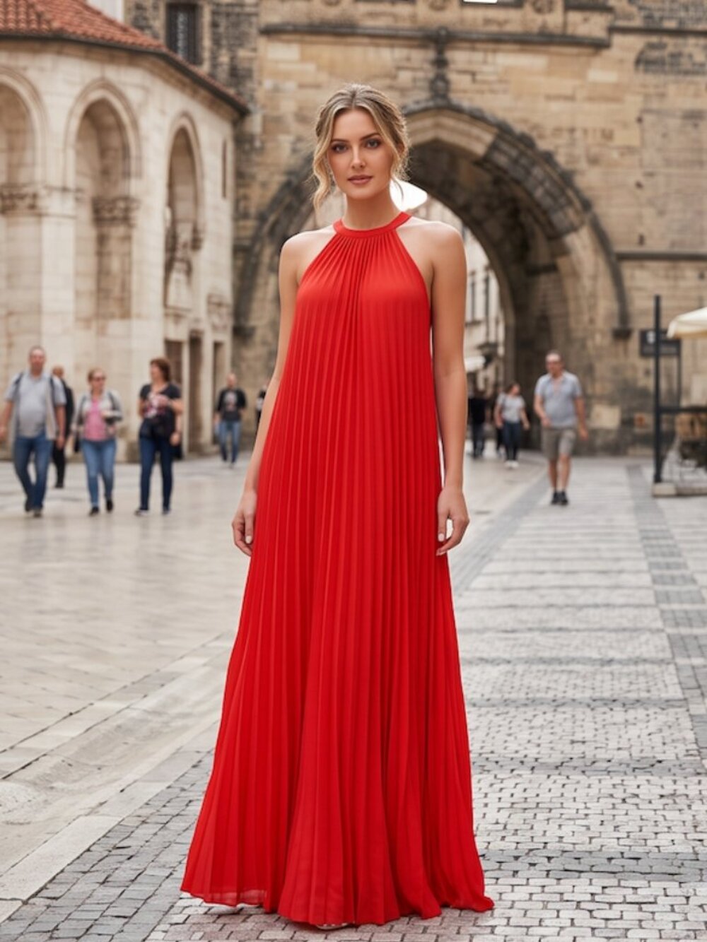 LAST ONE 🔥 Red Accordion Pleated Halter Maxi Dress